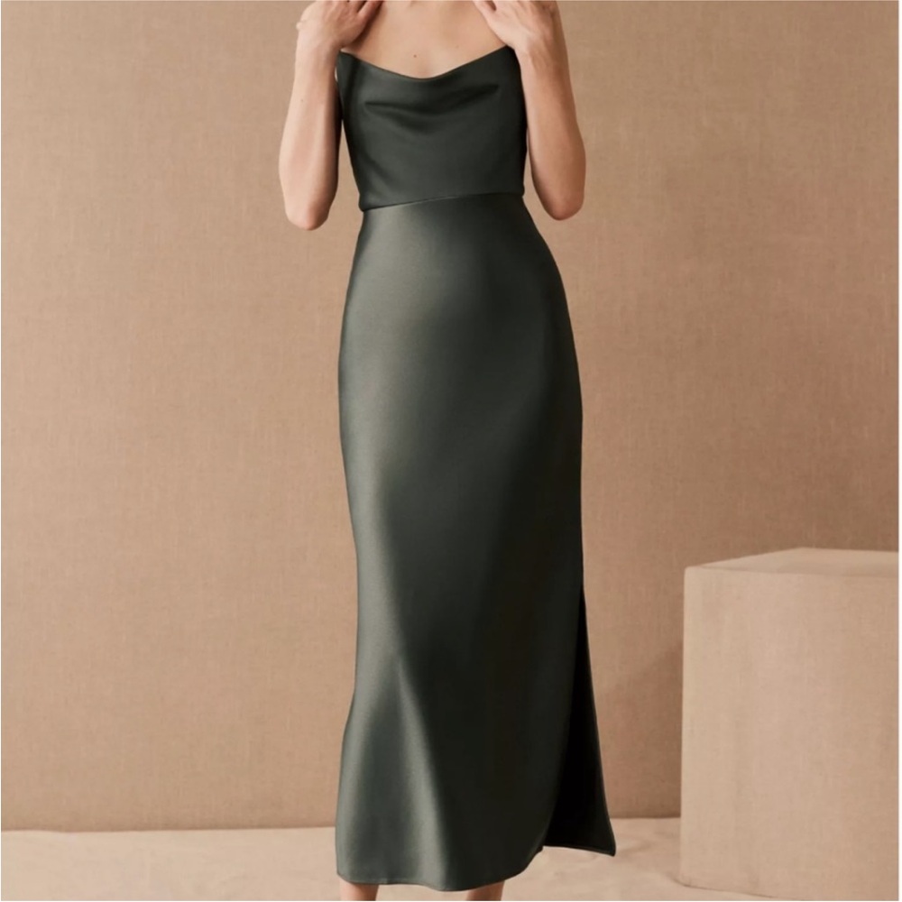 BHLDN CALI SATIN COWL-NECK MIDI SLIP DRESS- Elegant Dark Green Satin Dress